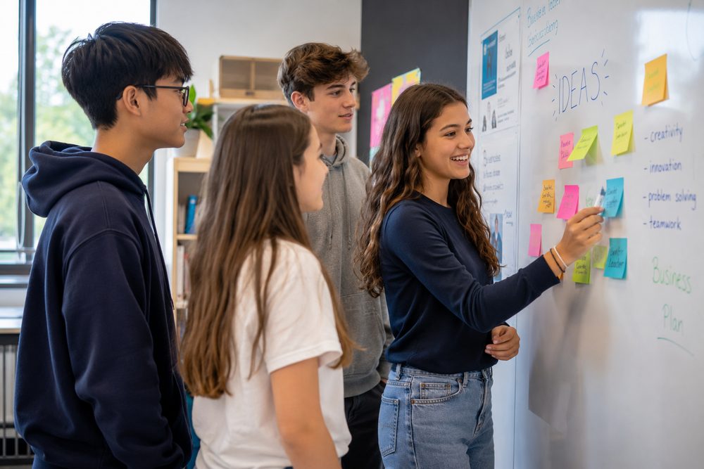 Cuatro estudiantes de secundaria y bachillerato generando ideas de startups en una pizarra cubierta de notas adhesivas.