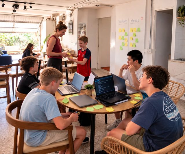 Una mentora revisa ideas con un equipo de estudiantes alrededor de una mesa con portátiles y notas adhesivas.