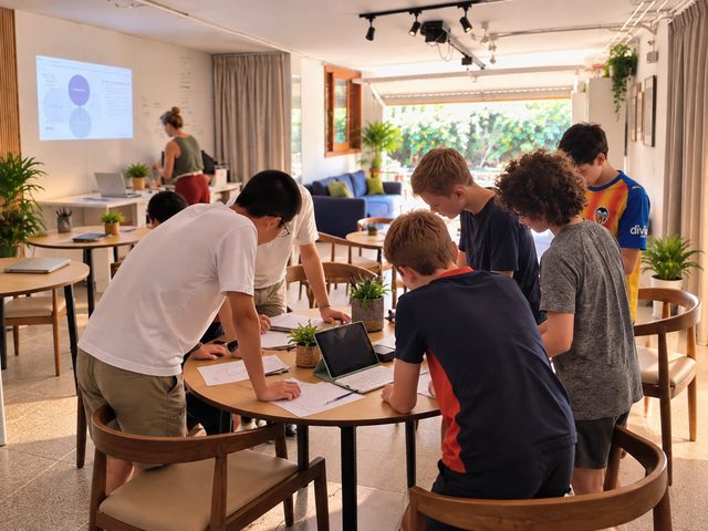Estudiantes de pie alrededor de una mesa colaborando en su proyecto durante el taller.