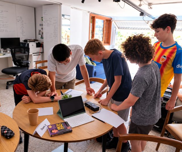 Un equipo de estudiantes se inclina sobre la mesa para planificar su proyecto con una tableta.